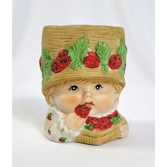 JASCO Sweet Keepers head vase Bisque PORCELAIN GIRL eating strawberries 1980 - Picture 2 of 8